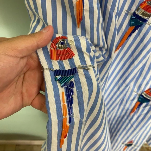 Anthropologie Maeve Tie Back A Line Maxi Dress Striped Blue Beaded Birds 24W - Picture 7 of 16